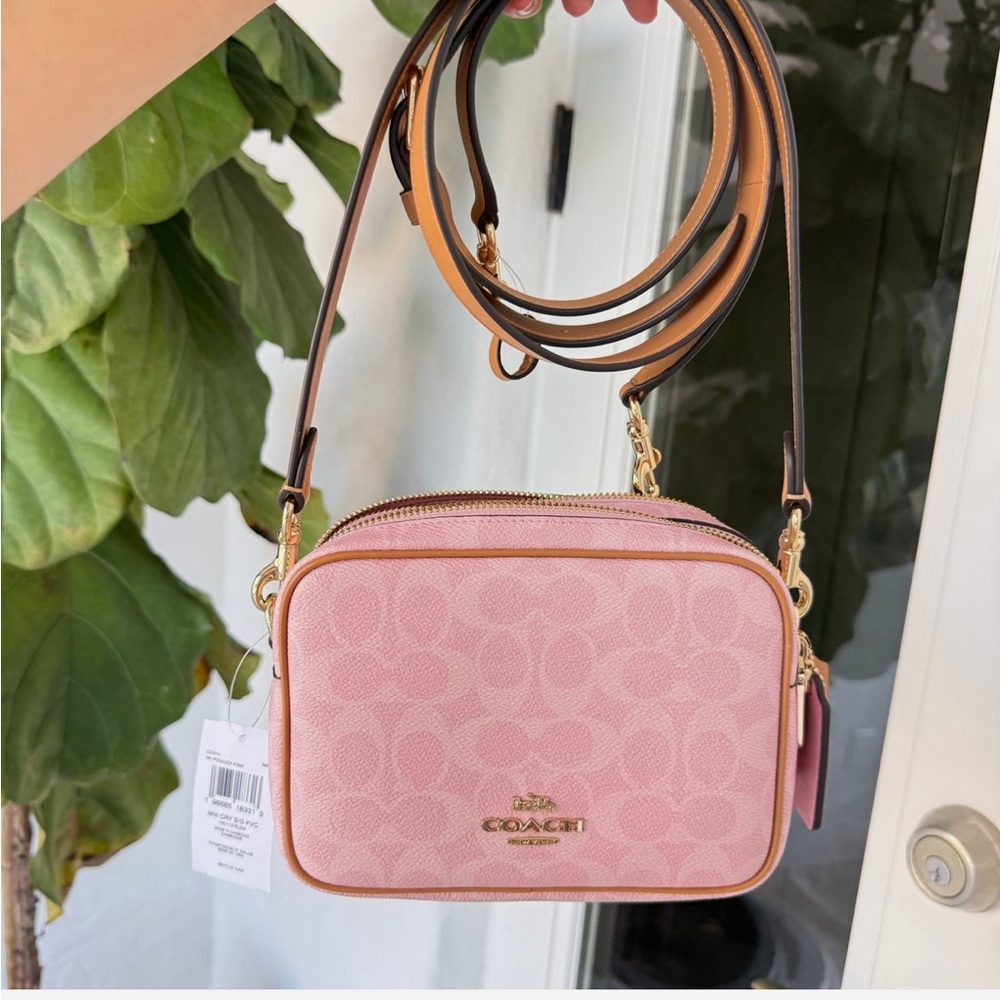 Coach Powder Pink 🎀 Mini Carey Crossbody Bag in Signature Canvas CEK74